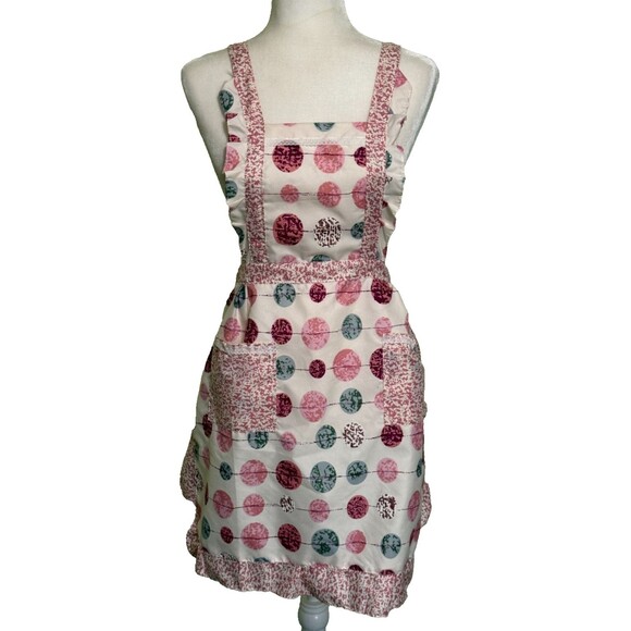 Homemade Bib Apron w/ Two Front Pockets Polka Dots Lined Ruffles - Picture 1 of 4